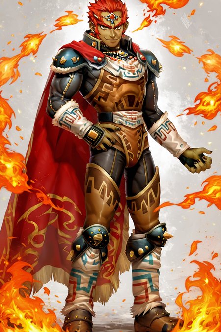 score_9, score_8_up, score_8,   BREAK, , ,,, zzGanondorf, 1boy, red hair, dark skin, armor, gloves, jewelry, boots, muscular, shoulder pads, short hair, cape, muscular,  fire, aura,  <lora:Ganondorf_OoTZelda_PDXL:0.8>,   ,,,, BREAK, smile, closed mouth, looking at viewer, cowboy shot, ,,, embedding:zPDXL, Expressiveh, ,,, <lora:Puppypaww_Style_PDXL_v2:0.8>, <lora:SDXLFaeTastic2400:0.5>, <lora:Expressive_H-000001:0.4>,