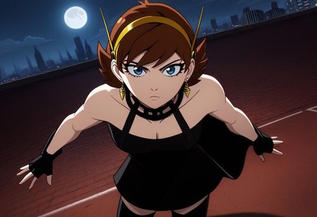 score_9, score_8_up, score_7_up, source_anime, yorbriar, yor briar, brown hair, blue eyes, earrings, yellow hairband, short hair, sidelocks, perspective, vanishing point, dynamic pose, dutch angle, (superhero landing:2.0), (hand on ground:2.0), foreshortening, from above, looking up, looking at viewer, 
 yorbriarcosplay, yor briar \(cosplay\), bare shoulders, black dress, black gloves, cleavage, dress, earrings, gloves, gold earrings, hair ornament, jewelry, bare shoulders, collarbone, fingerless gloves, thighhighs, black thighhighs, cityscape, night, moon, o mouth, pretty, cowboy shot, solo, janet van dyne,