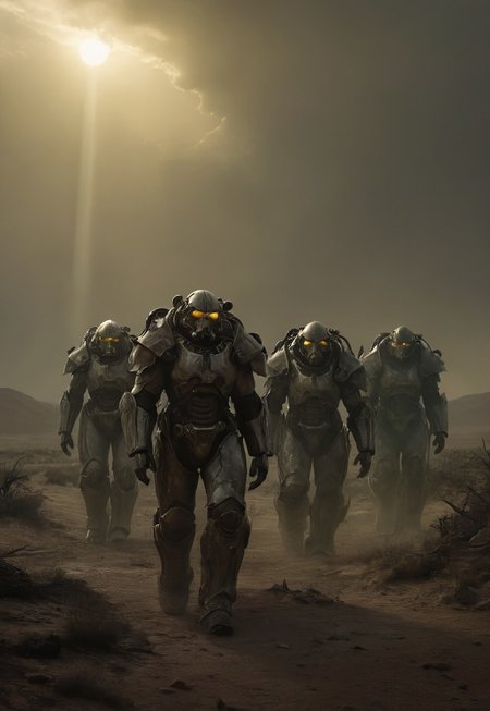 Four soldiers in power armor travelers in the post-apocalyptic desert,fallout universe,alienscape,glossy armor,intricate design,massive armor,corrupted neverland,dramatic sky, dust,wind, bleak,glow,flickering, dark art, dim light,strong single light beams reflects on their armor, somber, dramatic, detailed,science fiction,distopia,horror theme,futuristic, technology,atompunk,dying world of our hopes,poignant atmosphere,dramatic,thrilling,decay,best quality,masterpiece,dynamic composition,color contrast,primary colors,no gradients,close-up