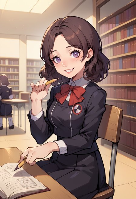 score_9, score_8_up, score_7_up, source_anime, BREAK 1girl, sitting, chair, looking at you, grin, holding pencil, <lora:zs_SaoriXL:1> saorip3, brown hair, medium hair, mole under eye, purple eyes, makeup, school uniform, black jacket, red bow, skirt, indoors, library, books
