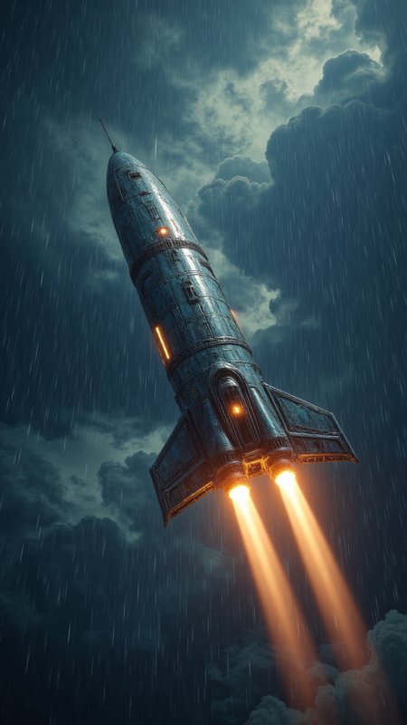 The sleek, metallic rocketship floats through the vast expanse of space, its engines glowing with an otherworldly light. Its crew, dressed in futuristic suits and helmets, Thunderstorm, Simple and Clean, natural lighting, by Jeremy Mann, Miles Johnston, Alasdair McLellan, Daniel Merriam, Peter Gric, Dariusz Klimcza,    , aidmamjv7