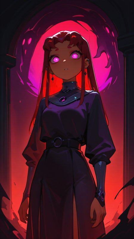 ,masterpiece,best quality,newest, <lora:Haunted_Glow-000009:1.0> hauntedglow, glowing eyes, 1girl,  <lora:Starfire_IL-000008:0.7> starfireil,  ogoutfit