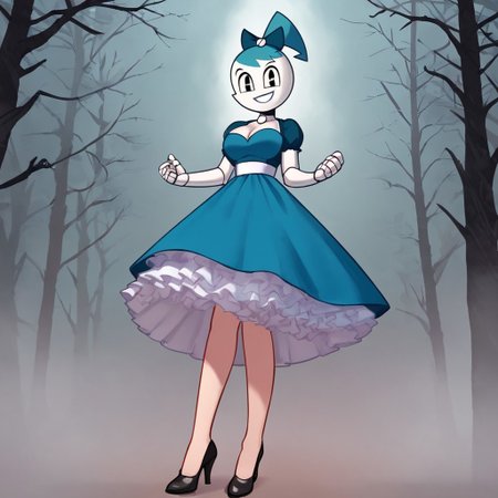 (Masterpiece, best quality:1.2), score_9, score_8_up, flat color, flat shading, soft shading, lighting, Jenny Wakeman as an adult, (((in a 1950's full length formal dark blue dress, a white belt, a fluffy frilly ruffled full white petticoat, and black high heels))), dress, layered petticoat, frilly petticoat, fluffy petticoat, full petticoat, detailed petticoat, wide skirt, detailed outfit, flowing skirt, (((long skirt))), (((solid dark blue colored dress, black high heels))), blue hair, series accurate, cute, best high quality, high res, robot, humanoid robot, (((big breasts, cleavage))), whole body shot, 1girl, (((solo, outside, in a dark creepy forest, at night, heavy fog surrounding her, fog, heavy fog, looking at you, low angle))), (((evil, evil smile, determined evil eyes, posing gracefully and evilly))), low angle shot, cartoon, cartoon style, vector, solo, circle dress, 1950s, dance dress jenny, jenny wakeman, 1girl, solo, robot joints, black eyes, white skin, ponytail, hair bow, blue rose chest corsage, poofy dress, blue hair, flat lighting,