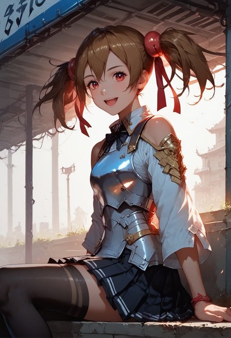 score_9, score_8_up, score_7_up, 1girl, silica, solo, skirt, brown hair, open mouth, red eyes, thighhighs, breastplate, twintails, white background, black skirt, pleated skirt, armor, smile, ribbon, skirt, thighhighs, breastplate, black skirt, pleated skirt, armor,, black thighhighs, rminiskirt, bus stop, public place nighttime vibrant lighting, street lights, high contrast, dramatic shadows, highly detailed, detailed skin, depth of field, tilted angle, moody lighting, exy pose,professional lighting, perfect quality, high quality, photorealistic, sitting,  (((supermodel))),((goddess))