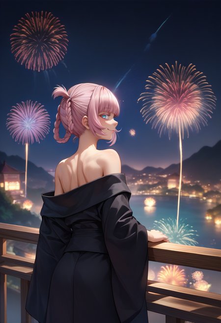 score_9, score_8_up, score_7_up, source_anime, from behind, solo, 1girl, nanakusa nazuna, smile, looking back, pink hair, braid, hair rings, ringed eyes, black kimono, off shoulder, bare shoulders, fireworks <lora:callofthenight_nanakusa_ponyXL:1>