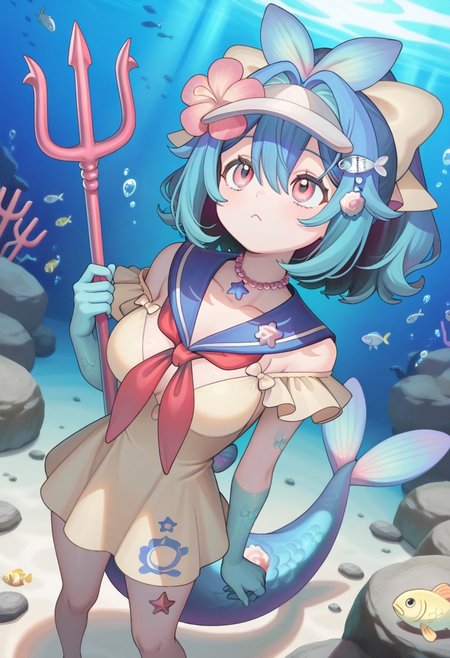 masterpiece, best quality, lazuli, 1girl, blue hair, hair bow, yellow bow, pink eyes, short hair, wide ponytail, medium breasts, fish tail, blue scales, head fins, visor cap, fish hair ornament, hair flower, pearl choker, sailor dress, yellow dress, single off shoulder, neckerchief, blue arms, blue hands, standing, trident, holding trident, :<,  looking afar, underwater, rocks, fish, looking up, leaning back, foreshortening,