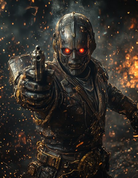 A cinematic steampunk movie still featuring a menacing robotic western gunslinger. The gunslinger has glowing red eyes that pierce through the dimly lit scene, a fierce scowl etched onto their metallic face. They are extending a six-shooter at arm's length, aiming directly at the viewer with an air of unrelenting intensity. The character is clad in a detailed steampunk-inspired western uniform, adorned with brass-appointed accessories, intricate gearwork, and rugged leather elements. The atmosphere is rich and dramatic, with sparks and glowing embers dancing through both the foreground and background, illuminating the scene with a fiery, mechanical brilliance.

