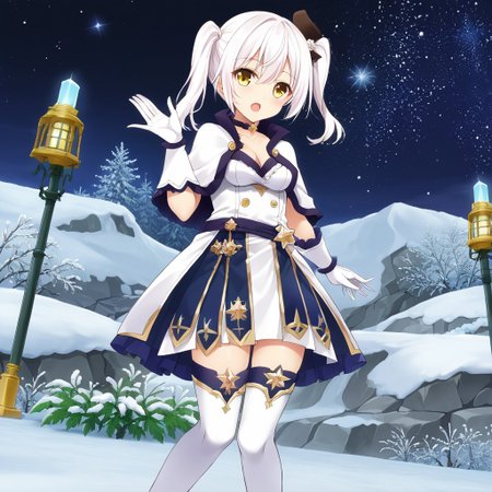 Best quality, ultra HD, masterpiece, long white hair,one side up, round medium breast, cleavege,full body shot girl,choker,yellow eyes, night sky, open mouth, snow, capelet, white gloves, star (sky), thighhighs, twintails