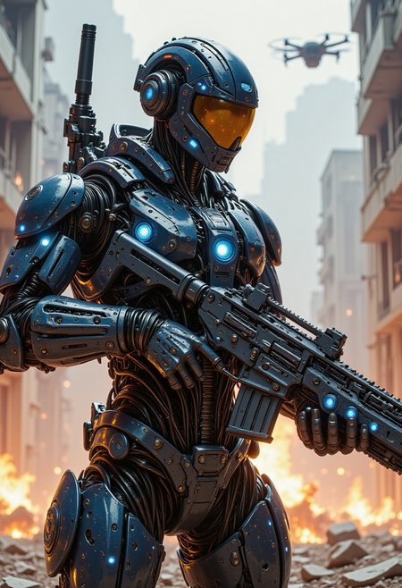 pinkmechalux, A highly detailed futuristic sci-fi soldier in an intense combat scenario, wearing advanced power armor with a sleek metallic design and glowing blue energy lines. His helmet is equipped with an augmented reality HUD display, reflecting tactical data and enemy positions. The soldier grips a high-tech plasma rifle with intricate cybernetic components, glowing accents, and an advanced targeting scope. The battlefield is a dystopian warzone with crumbling buildings, neon-lit debris, and hovering drones scanning the area. In the background, explosions and laser beams illuminate the smoky, war-torn environment. Sparks and embers float through the air, adding a cinematic, action-packed atmosphere. The image is rendered in ultra-realistic detail with a mix of cyberpunk and military sci-fi aesthetics, evoking themes of futuristic warfare and elite special operations.