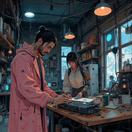 In the style of ck-sfc. Close up on the pair.
In the center of a bustling cyberpunk district, SchizoNomad is upgrading his cyberdeck in a cramped, cluttered computer shop. The shop is tightly packed with wires, blinking lights, and shelves filled with various tech components, screens flickering with digital chaos. SchizoNomad, a good-looking korean man, 24 years old, with a thin mustache and beard, is hunched over a workbench, his hands deftly assembling his sleek cyberdeck. He got his hair in a bun. His long pink coat is slightly disheveled, adding a splash of color against the dim, neon-lit backdrop of the shop.
Beside him, (((a woman cyborg, - stands with a warm, welcoming smile:1))) Her mechanical limbs are covered in aging plates, worn yet functional, and her human. She's handling a small circuit board, helping with the upgrade process in a relaxed, manner. 
The atmosphere is lighthearted and fun. The workshop is mess, cluttered, scattered, various electronics and tech objects. Cables hang overhead, some running across the walls, others coiling like snakes on the floor, while the shop is filled with the hum of computers and distant voices from the cyberpunk district outside. Neon light filters through the windows, casting colorful reflections on the worn wooden surfaces of the workbench. The scene feels like a moment of calm in a world full of tension