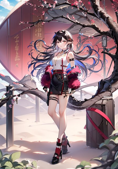 ((masterpiece,best quality)), 4k, highres, 1girl, solo, full body, blacknight FragranceBranches, tail, black skirt, fingerless gloves, high heels, horns, necklace, off shoulder, red jacket, red socks, thigh strap, white sleeveless shirt, outdoors, standing,<lora:blacknight20:0.8>