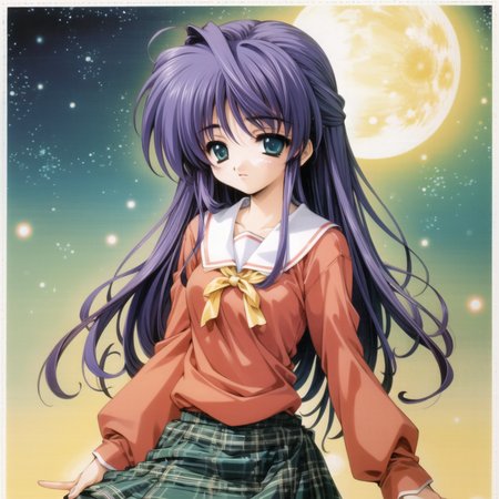 masterpiece, highest quality, high quality, sharp, detailed, scan,
mima haruka, 
1girl, solo, transparent background, long sleeves, long hair, looking at viewer, white jumper, blue tie, white school uniform, skirt, green eyes, purple hair, bangs, eyebrows visible through hair, green plaid skirt, 
festival, twilight, fireworks, tanabata, stars, moon, neon glow,