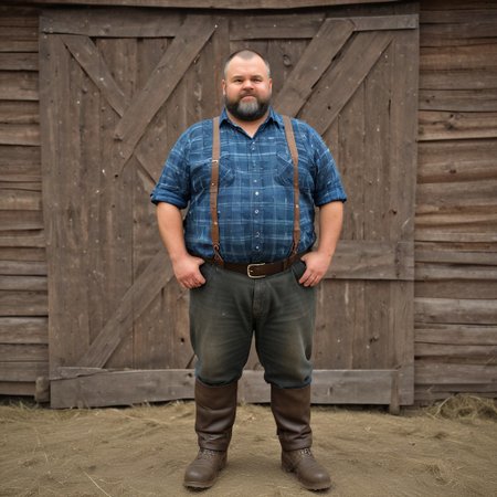 photo of a chubby, beefy swiss farmer standing in front of an old rusty dark swiss barn, wearing plaid lumberjack shirt with buttons open and dirty blue worker pants, hairy chest, dslr, ultra quality, sharp focus, tack sharp, crystal clear, 8K UHD