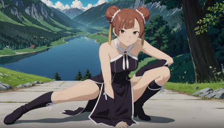 <lora:LaufenXL002>,<lora:outline_xl_kohaku_delta_spv5x:-0.8>,<lora:DetailedEyes_V3:1.6>,looking at viewer,
anime screencap,
Laufen,1girl,brown hair,double bun,brown eyes,hair_ornament,
black dress,bare shoulders,
gloves,
pelvic curtain,
boots,
nature,full body,squatting,extend one leg,