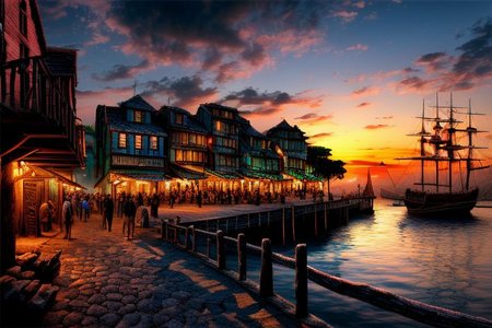 (masterpiece:1.2), (best quality,:1.2), 8k, HDR, ultra detailed, ((photorealistic)), perfect anatomy, professional light, cinematic lighting, fashion photography, ambient lighting, pire, ships, pier, outside a tavern over looking a busy harbor in the caribbean, colorful sunset