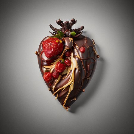 heartart,realistic chocolate heart  made out of  chocolate, strawberries,  photohelper, render, cgi, 3d, extremely detailed,colored backdrop