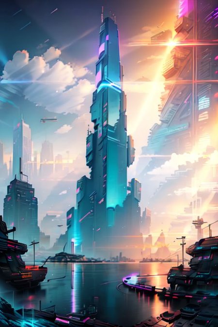 (Realistic:1.5) EdobSyFyCityLandscape, light rays, sunset, ocean, neon lights, lights, city lights, from behind, reflection, tower, silhouette, <lora:EdobSyFyCityLandscape_v1.0:0.8>