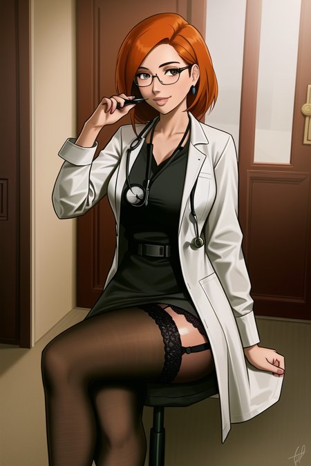 <lora:ann_possible:.6>, ann possible, masterpiece, best quality, 1girl, breasts, brown thighhighs, chair, clipboard, crossed legs, doctor, door, earrings, fingernails, garter straps, glasses, hand up, high-waist skirt, holding, indoors, jewelry, labcoat, lace, lace-trimmed legwear, lace trim, long sleeves, looking at viewer, nose, parted lips, pen, signature, sitting, skirt, smile, solo, stethoscope, thighhighs, unbuttoned, watch, wristwatch, mature female, orange hair,