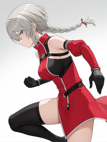 masterpiece,best quality,newest,
1girl,solo,
<lora:ADELAIDE_BLUTHAUSEN_ilxl_v1.0:1>,a_bluthausen,grey hair,blue eyes,braided ponytail,
s_garte,bare shoulders,detached sleeves,asymmetrical sleeves,asymmetrical clothes,single pantsleg,black thighhighs,black thigh boots,
<lora:Fixhands_anime_bdsqlsz_V1:1>,standing,open_stance,fighting_stance,fighting,white_background,simple_background,looking_at_viewer,profile,