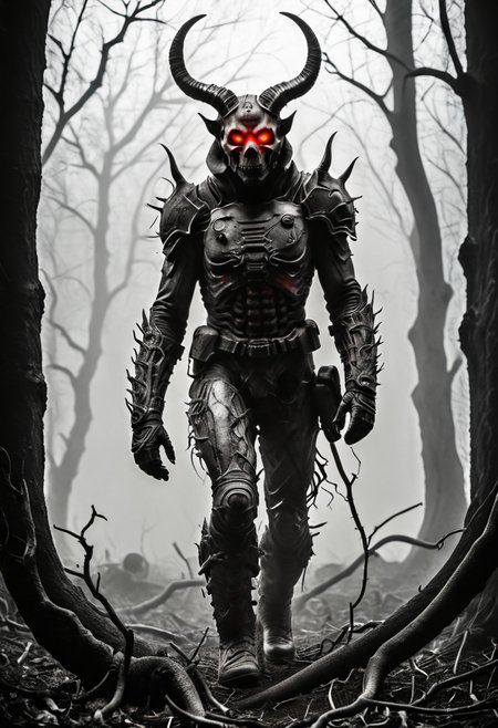 silhouette style, cinematic film still of the silhouette of an disembodied of a female demon,head, multiple eyes, horrific, with a megaphone instead of his head sitting on a branch at night, with glowing eyes, very detailed, haze lighting, backlit, 4k uhd masterpiece, blackmetal style, xerox, black and white, BadDream, UnrealisticDream, Doomguy, soviet poster, femalebonedemon