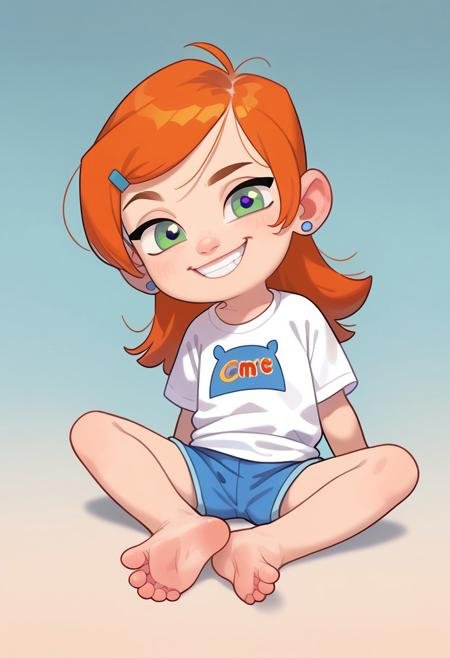 (score_9,score_8_up,score_7_up), cute anime girl, big cute eyes, masterpiece, best quality, amazing quality, absurdres, newest, gradient background, Andystyle, mollymcgee, chibi, calm smug, smiling, grin,
1 chibi girl, solo, skinny body, long perfect hair, flat chest,  looking at viewer, shirt, shorts, soles, feet, sitting, Gwendolyn_Tennyson, perfect feet