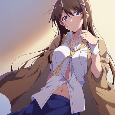 score_9, score_8_up, score_7_up, source_anime, BREAK, tsuyuri_toka, 1girl, looking at viewer, gradient background, light smile, navel, white shirt,  skirt <lora:tsuyuri_toka-ponyXL-v0.5:1>