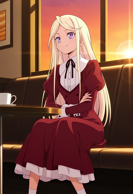 masterpiece,best quality,amazing quality,

1girl, solo,

Senka Kanae (Cardfight Vanguard), blonde hair, long hair, purple eyes, red dress, neck ribbon, black ribbon, buttons, long sleeves, juliet sleeves, puffy sleeves, white socks, 

Smile, crossing arms, 

cinematic,

Sit, sitting, cafe, afternoon, sunset, 

Lens flare, bloom,

Official style, anime screencap, anime coloring,
















