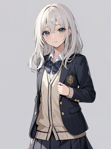 masterpiece,ultra-detailed,best quality,8K,illustration,cute face,clean skin ,shiny hair,girl,ultra-detailed-eyes,simple background, <lora:add-detail-xl:1> <lora:school uniform cardigan_XL_V1.0:0.8> school uniform, blazer, cardigan, skirt