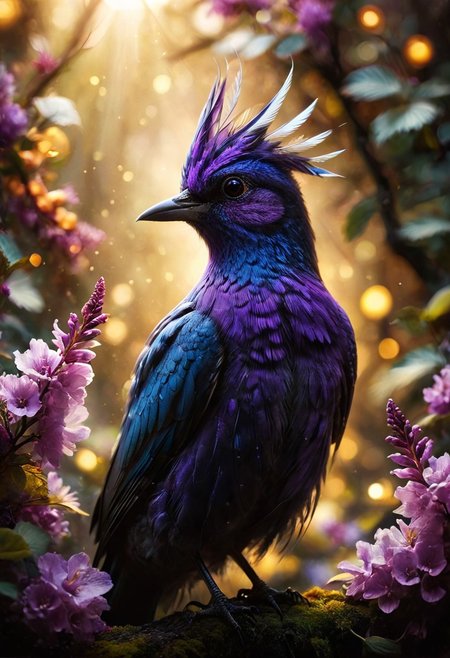 ral-apoctvisn, dark, chiaroscuro, low-key, breathtaking masterpiece showcasing a gorgeous little bird, Violet-crowned nymph,  bathed in soft, golden morning light, surrounded by vibrant bokeh balls that frame its delicate form. The image will be rendered in sharp detail, capturing every feather and intricate feature of the bird with stunning clarity. The soft, diffused lighting will enhance the warmth and radiance of its plumage, while high-quality bokeh adds a magical touch to the scene. Multiple image exposures will be expertly combined to emphasize the bird's vibrant colors and captivating gaze, resulting in a lifelike portrayal of tranquil beauty.
The artwork will feature shimmering digital colors in a mixed media style on textured paper, creating an overlapping, asymmetrical, abstract composition bursting with vibrant hues. Every inch of the image will be filled with intricate details, from the feathers of the nymph to the surrounding environment, all depicted in extreme detail. The wide range of colors will add depth and richness to the scene, with soft shadows and low saturation tones creating a serene yet evocative atmosphere.
With insane quality, resolution, and details, the final image will be a true masterpiece of nature photography, showcasing dramatic, dynamic, and cinematic elements. The sharp details will bring the scene to life, immersing viewers in the beauty and wonder of the Violet-crowned nymph in a way that is both breathtaking and captivating.