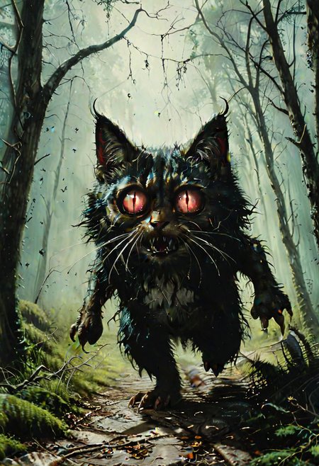 a cute but scary cat running towards the viewer, horror forest background, realistic, detailed, 8K resolution, masterpiece