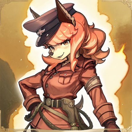 score_9,score_8,score_7,source_furry,
<solo:1.5>,
<1girl:1.5>,
flam_kish, dog girl, flam_fuga, red hair, 
official style, official art,
( art by the dark mangaka ) ,,
flam_kish_fuga, dog girl, flam_kish, flam_fuga, fanart, alternate style, furry, furry female, hat, animal ears, gloves, breasts, dog ears, uniform, blush, belt, smile, brown eyes, long hair, looking at viewer,
 <lora:Flam_Kish_Fuga:1> flam_kish