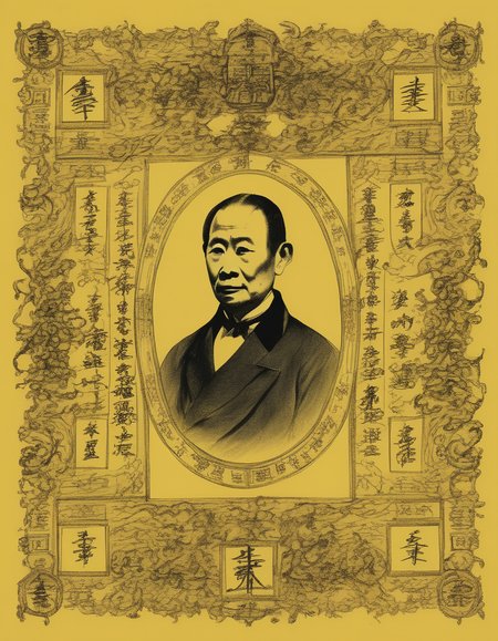 A photorealistic image of a portrait of an American President, skillfully rendered and detailed, printed on a sheet of yellow paper. The paper should appear aged and worn, with visible creases, folds, and perhaps small tears to give it an antique look. Surrounding the portrait, the paper should be filled with handwritten Chinese characters, elegantly written in traditional calligraphy style. The characters can be quotes, poems, or any text that complements the portrait. The overall composition should be harmonious, and the lighting should be soft yet sufficient to highlight the details of the portrait and the Chinese writing
 <lora:cnrune:0.46>,