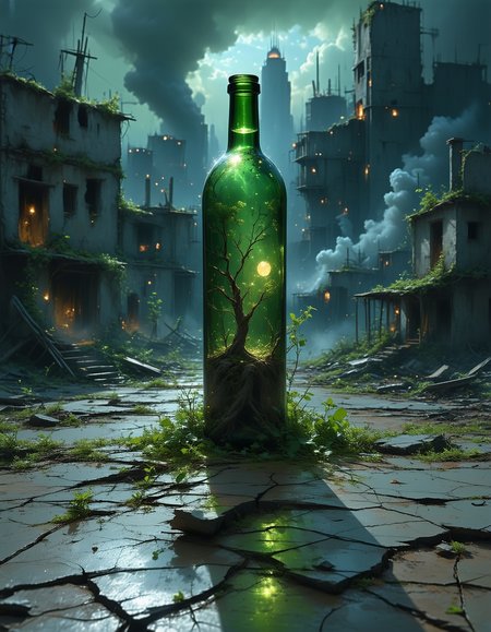 inside a bottle there is a  desolate metropolis, where skyscrapers once kissed the heavens, now stood a crumbling relicâthe Forgotten City. Its streets, once bustling with life, now lay silent, choked by weeds and memories. The sun rarely dared to peek through the thick canopy of smog, casting long shadows on cracked pavement., Cinematic photography, movie mood, cinematic light, compelling composition, storytelling elements, conveys emotion, mood, and narrative depth, creating visually striking images that feel like still frames from a film, Wide angle, chaotic cabin in background. vibrant, photorealistic, realistic, dramatic, dark, sharp focus, 8k.