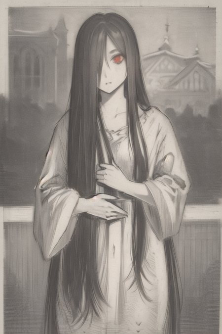 ((masterpiece)),(best quality), absurdres,sadako_yamamura,red eyes, white dress,<lora:Sadakobest:0.8>, <lora:OldengravingsWierix_v10:1>,monochrome,engraving,