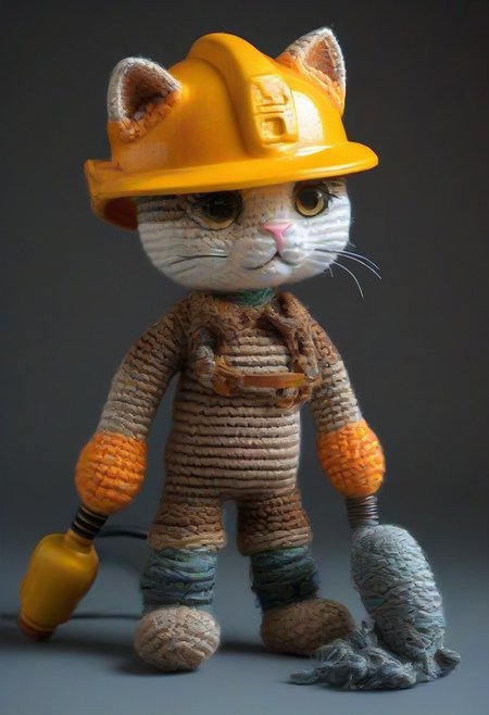 cat using large pneumatic drill to break concrete, hardhat, by saint exupery, crocheted style