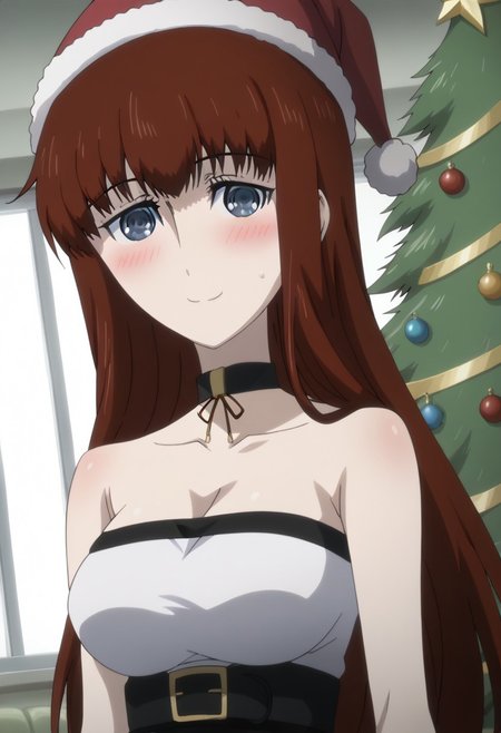 rating_safe, Ultra-high-detailed Anime illustration of Kagari Shiina from Anime Steins;Gate 0. The artwork features Kagari in a solo, face focus, upper body, standing position with a intdoors, indoors, living room with Christmas atmosphere. Gorgeous Christmas tree in background. Night Time..
She is depicted with intricate details showcasing her large_breasts, natural_breasts. She is a white skinned, 22 years old woman. Kagari is looking_at_viewer with perfect_eyes, Her pupils are highly detailed. The eyes are open. blue eyes. Kagari's eyes are highlighted. Highlighted eyevrows. 
She has long_hair, red_hair styled in floating_hair, shiny_hair and bangs. 
She is wearing a black choker and a Santa dress, strapless crop top, sleevless crop top with bare shoulders.
She is wearing a Santa Hat and red skirt, red pencil skirt with black belt.
The artistic style is intricate_details_xl with a focus on Anime art. The color palette emphasizes red and black with detailed strokes to bring out the character's features. The lighting creates dramatic shadows and highlights, adding depth to the artwork. The perspective is from a face focus, dutch angle to enhance the impact of the character's expression. This masterpiece is a true portrayal of Kagari's complex personality and will captivate any fan of Kagari. uncensored, upper body, blushing, smile, kagari_shiina,
<lora:Steins_Gate:1>