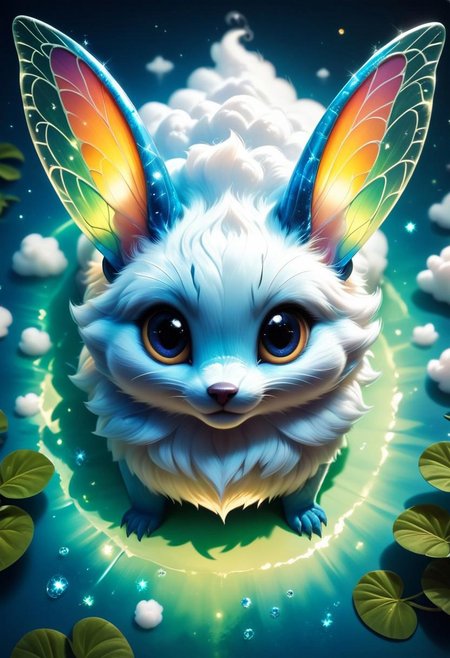 score_9, score_8_up, score_7_up, (cute furry water creature with large detailed eyes:1.3), Ethereal glow, Fairy tale, Abstract patterns, Smooth contours, Artistic abstraction, Verdant foliage, tropical backdrop, Magical realism, realistic detail, overalldetail, Masterpiece, absurdres, highres, flawless, high quality, the sky is bright and filled with fluffy white clouds, casting soft, natural light that enhances the vibrant colors and details of the scene, epic intricate detail, (from above:1.3)