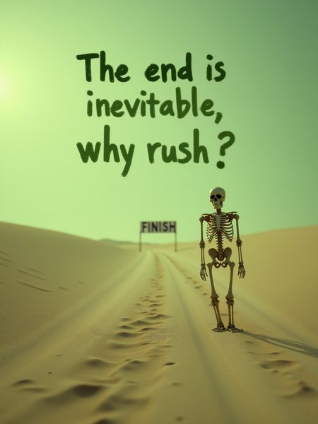(the words "The end is inevitable, why rush?" in dull green placed in the middle:2.0), a skeleton slowly walking toward a distant, empty finish line in a barren desert, text focus, <lora:Text_Logo_-_Style:1>