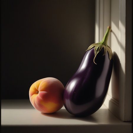 Hyperrealistic art an eggplant leans on top of a peach by the window, shallow depth of field, chiaroscuro . Extremely high-resolution details, photographic, realism pushed to extreme, fine texture, incredibly lifelike