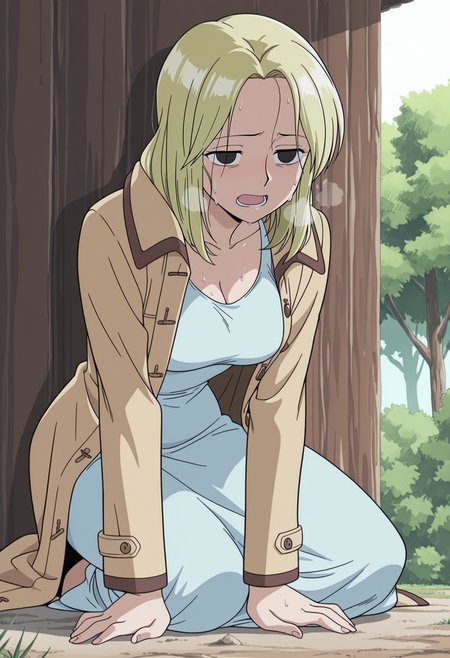 1girl,solo,mm,mature female,blonde hair,black eyes,breasts,anime coloring,
dress,coat,open coat, kneeling,open mouth, heavy breathing, arm support, exhausted, outdoors,sweat
,masterpiece,best quality,amazing quality,<lora:Kaya-One_Piece:0.8>
