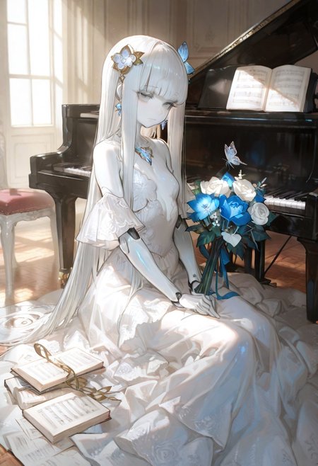 masterpiece, best quality, good quality, newest, highres, absurdres, volumetric lighting,gradient color,
BREAK 
raytracing, volumetric lighting, ambient occlusion, girl, background, masterpiece, best quality, very awa, absurdres, 
BREAK
(sexy, slutty, hot, aroused) 
Automaton, colored skin, robot girl, (white_skin:2.0), joints, white hair, blue eyes, 
long hair, metal_skin, no nipples,  barcode,
BREAK
masterpiece,amazing quality,best quality,ultra-detailed,8K,illustration,CG,shiny hair,clear skin,ultra-detailed-eyes, background,cute girl, eyelashes
BREAK
hair_ornament, delicate dress, closed_mouth, jewelry, bare_shoulders, very_long_hair, sitting, full_body, white_hair, delicate flower, earrings, delicate frills, detached_sleeves, indoors, blunt_bangs, hair_flower, white_dress, grey_eyes, book, sleeveless_dress, rose, leaf, frilled_dress, white_flower, plant, instrument, butterfly, blue_flower, bouquet, long_dress, delicate wedding_dress, white_rose, holding_bouquet, piano, hands_on_lap, sheet_music, grand_piano, looking_at_viewer, bloom,light rays,