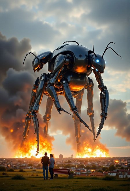 photoshoptcontest. a digitally manipulatd photograph, ultra-glossy fashion portrait with pristine chrome reflections and technological precision of an army of futuristic robotic war-ants towering over a small village.  Destruction and explosions surround the scene, and lasers and glowing smoke are all around.  Magical wonder and thrilling horror combine in this epic action shot and tragedy combined.