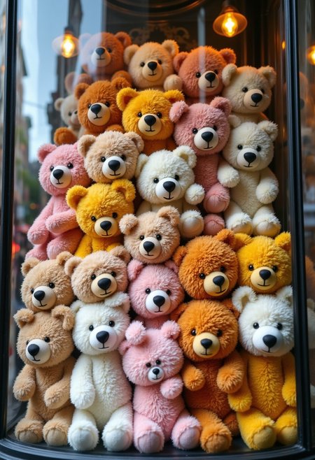 A stuffed bear in a glass case with multiple layers of stuffed bears. Stuffed bears of various colors are stacked on top of each other. They are stuffed face down inside the case. Smiling, expressionless, or sleeping, all the stuffed bears face this way. A department store show window, the atmosphere of a clay model, the texture of a toy, the thin
 reflection of the city in the glass case in the daytime on a sunny day
. Photorealistic lighting.
Translated with DeepL.com (free version)
aidmafluxpro1.1