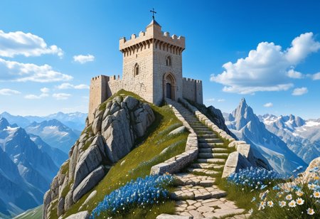 a  crusader watchtower on a (tall rock spire),  (13th Century:1.5), a stairway to the watchtower, gate, doorway, very wide shot, far out shot, fantasy, blue sky, alpine meadow flowers, best quality, masterpiece, realistic, photo-realistic, amazing, finely detail, ultra-detailed, highres, extremely detailed, 8k wallpaper