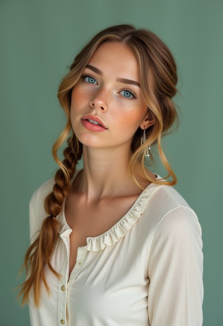 She is approximately 18 years old. Hyperrealism, she is looking at the camera, (dynamic angles), profile headshots of a beautiful, stunning unique female character.  she has braid hair. her eyes are blue and filled with joy and excitement, extravagant eyelashes, she has freckles. a photo of Anastasia, she is wearing a white frilly shirt. The woman is posing confidently. simple sage green colored background. She has a slight smile on her face and is looking directly at the camera. making this image a masterpiece of photography and digital art. realistic. making this image a masterpiece of photography and digital art. Style: realistic hyper-detailed rendering, 32k UHD, expressive eyes, punk, graphic design, girl's face, pretty and cute, gleaming lips, telling a tale of adventure. Exuding confidence and serenity. The overall mood of the image is happy and relaxed,detailed skin texture,(blush:0.2),(goosebumps:0.3),subsurface scattering,whimsical,Detailed hand, Perfect hand. Perfection style.
