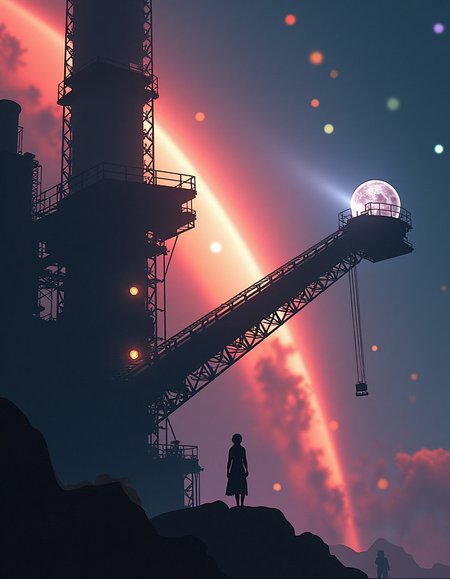 photography art by Lena Alexander and Lisa Keene, Digital Art, Cosmic harvest facility, colossal mechanical arms extending into space collecting energy from dying stars, intricate conveyor system transporting captured stellar phenomena like neutron stars and black holes, observation bubble precariously perched on the edge of a massive energy processing plant, planet-sized machinery silhouetted against the backdrop of a colorful nebula,, Conceptual art, digital manipulation, surreal atmospheres, thought-provoking themes, dreamlike compositions, animation art, concept art, whimsical, magical