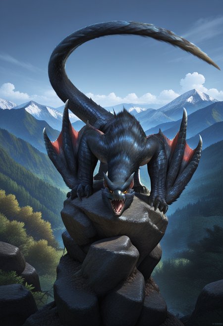 Graphic Design, color art, vibrant colors, colorful, intricate details, high contrast, detailed background, beautiful detailed, beautiful face, detailed eyes, detailed face, photorealism, photorealistic, detailed fur, new, n4rg4cug4, dragon, yellow sclera, black fur, sharp teeth, fangs, claws, wings, winged arms, tail, no humans, nature, mountain, sky, clouds, rock, outdoors, dynamic pose, sitting, looking at viewer, (masterpiece, best quality, newest, recent, absurdres),