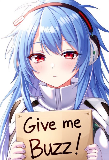 score_4,score_5,score_6,score_7_up,score_8_up,score_9 ((masterpiece,best quality,ultra detailed,highres,HD,4k:1.2)), 
1 girl,solo,face focus,
ayanami_rei,rei ayanami, blue hair, ((long hair, Messy Hair:1.2)),red eyes, head gear, 
bodysuit, headgear, plugsuit, neon_genesis_evangelion, white bodysuit, 
(("Give me Buzz.",Beggars Board,Holding a sign, holding a sign that says, "Give me Buzz."))
wink,closed mouth,blush,Expressionless,