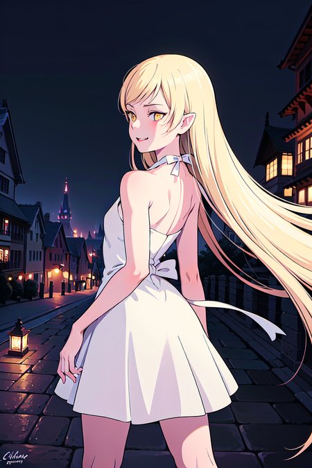 shinobu_oshino, 1girl, (straight hair), ((yellow eyes)), showing ass, long hair, blonde hair, solo, bare shoulders, dress, pointy ears, (white dress), cotton dress, (vampire), very long hair, strap slip, sleeveless, collarbone, small breasts, bangs, sleeveless dress, wrist ribbon, barefoot, smile, blush, best shadows, masterpiece, RAW photo, (best quality:1.0), (ultra highres:1.0),  hyperdetailed face, hyperdetailed body, night street background, complex detailed background, outside, moon, moonlight, (big eyes), full body, hyperdetailed face, intricate detail, best lighting, (evil:1.3), ulzzang-6500-v1.1, (bored), oshino shinobu, kizu_teen, ghibli style, (from behind), standing, <lora:KissShotExt:1>,  <lora:GhibliStyle:0.6>