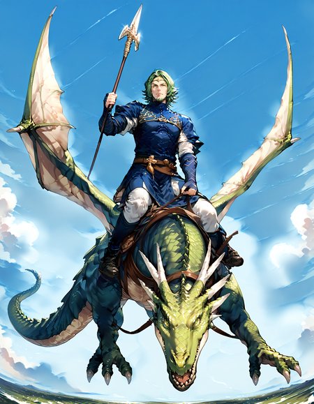 score_9,score_8_up,score_7_up,masterpiece,zPDXL3,<lora:Pony_DetailV2.0:1>,sky BREAK 1boy,1other,
BREAK wyvern rider,dragon riding,knight,green dragon,polearm,holding polearm,holding weapon,flying,<lora:wyvern rider-pony-v35:1>,fighting stance,charging forward BREAK setethFE,beard,circlet,uniform,cape,white pants,belt,black boots,<lora:SetethFE-pdxl-bsinky-v1:1>,v-shaped eyebrows,incoming attack,
